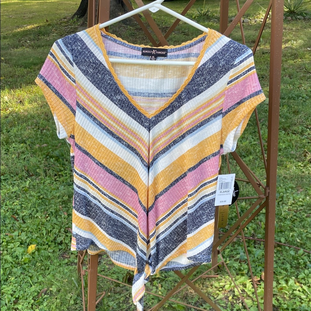 Almost Famous Women's V-Neck Striped Tee - Yellow, Pink, Blue, White